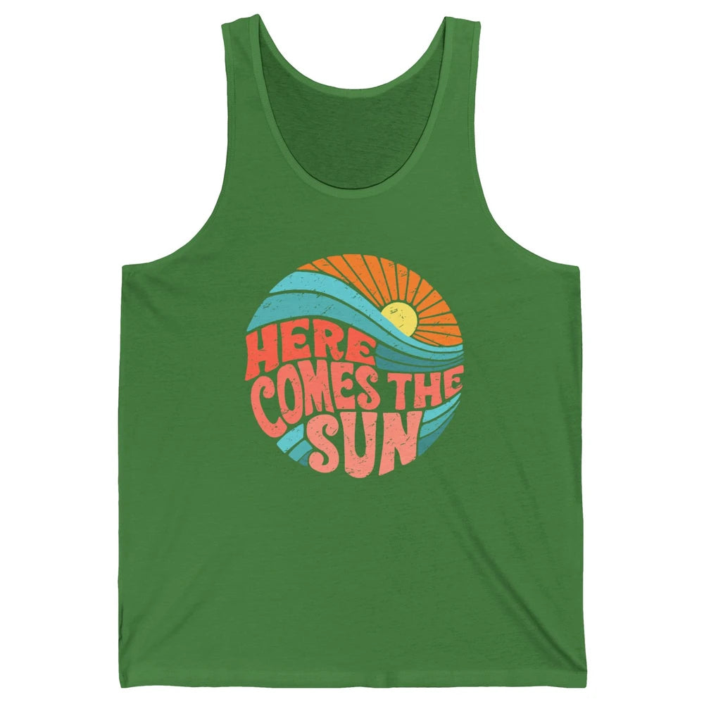 Retro Rainbow Sunrise Here Comes The Sun Hippie Girl Unisex Jersey Tank