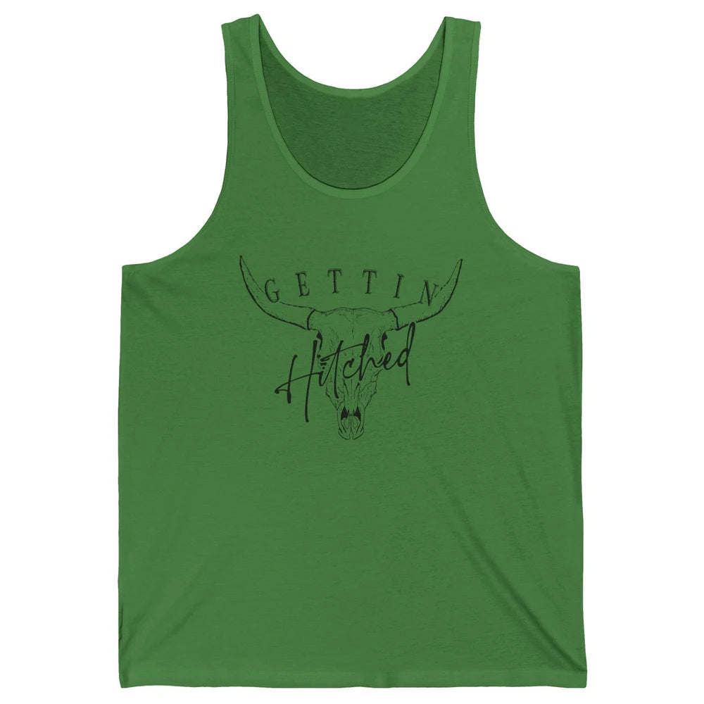 Getting Hitched Rowdy Cow Skull Western Bachelorette Bride Unisex Jersey Tank