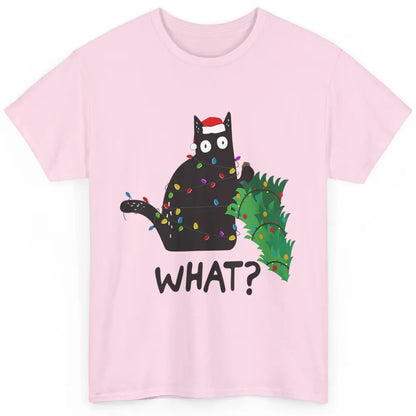 Black Cat Pushing Christmas Tree What Xmas Lights Santa Hat Classic Unisex T-Shirt