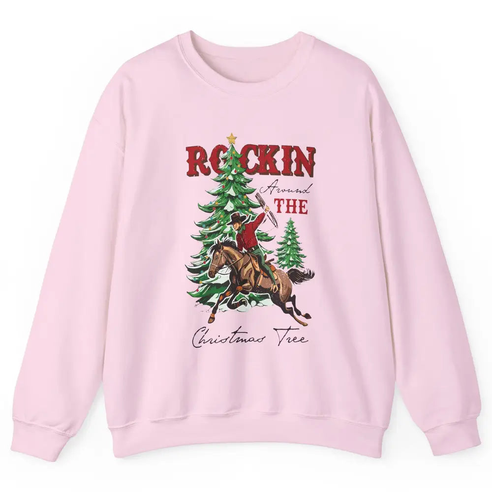 Retro Horsing Cowboy Rocking Around Christmas Tree Western Unisex Crewneck Sweatshirt