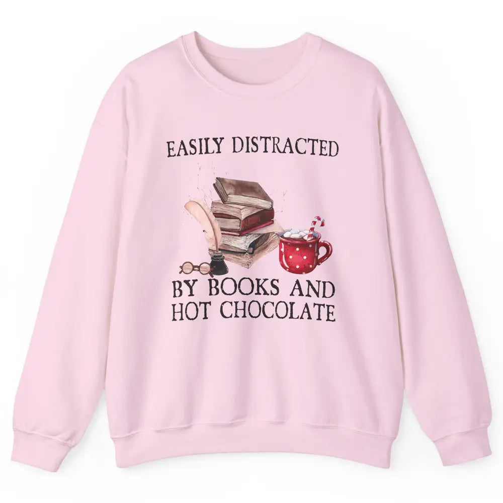 Retro Easily Distracted By Books And Hot Chocolate Christmas Unisex Crewneck Sweatshirt