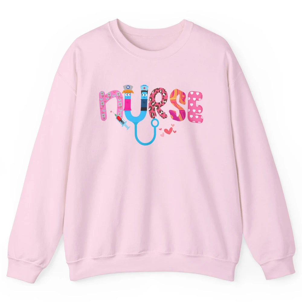 Nurse Happy Valentine's Day Love ER ICU NICU Emergency Nursing Leopard Stethoscope Love Needles Unisex Crewneck Sweatshirt