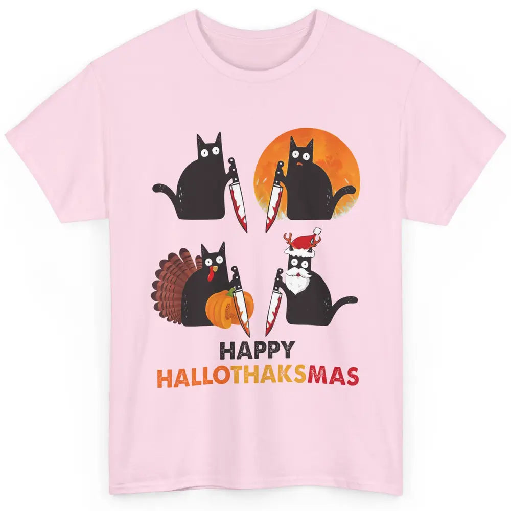 Funny Murderous Cat Turkey Hallo-thank-mas Thanksgiving Xmas Classic Unisex T-Shirt