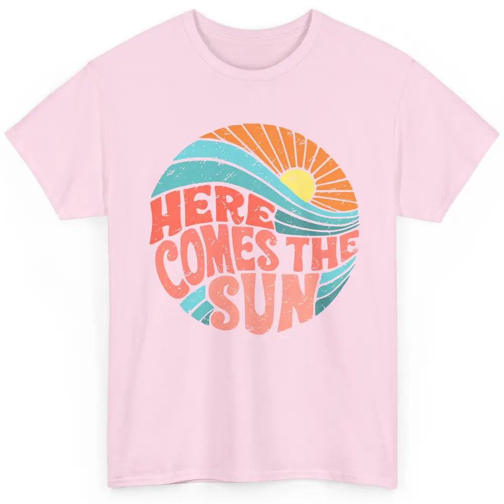 Retro Rainbow Sunrise Here Comes The Sun Hippie Girl Classic Unisex T-Shirt