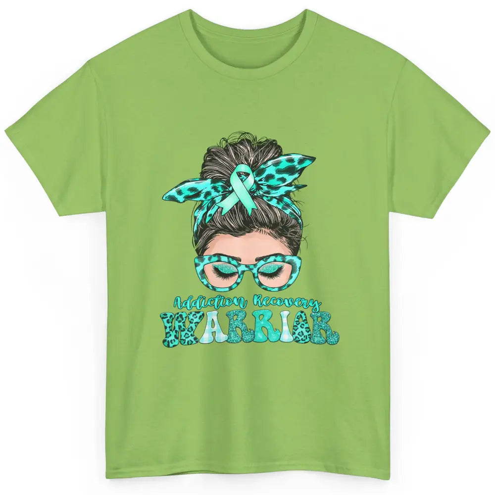 Addiction Recovery Awareness Warrior Leopard Messy Hair Bun Classic Unisex T-Shirt
