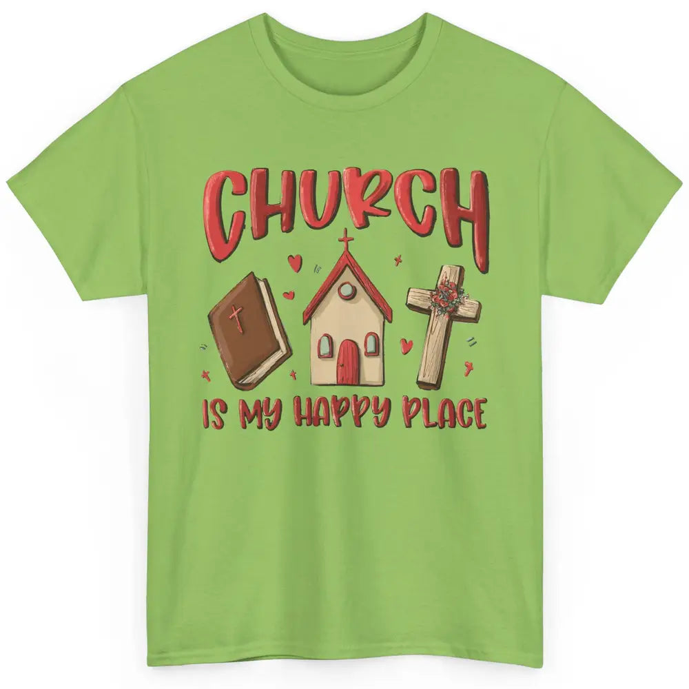Retro Christmas Church Is My Happy Place Christian Hand Draw Classic Unisex T-Shirt