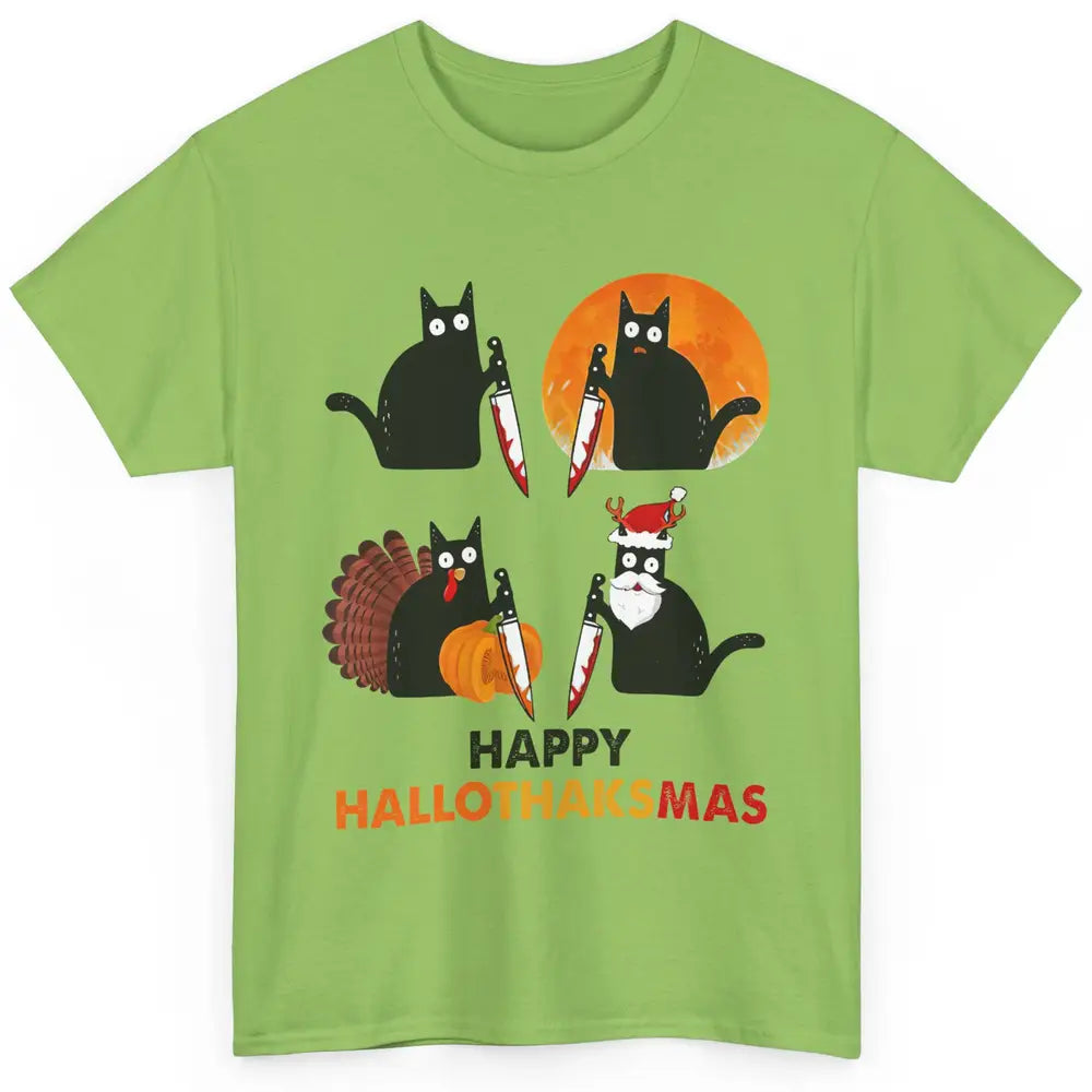 Funny Murderous Cat Turkey Hallo-thank-mas Thanksgiving Xmas Classic Unisex T-Shirt