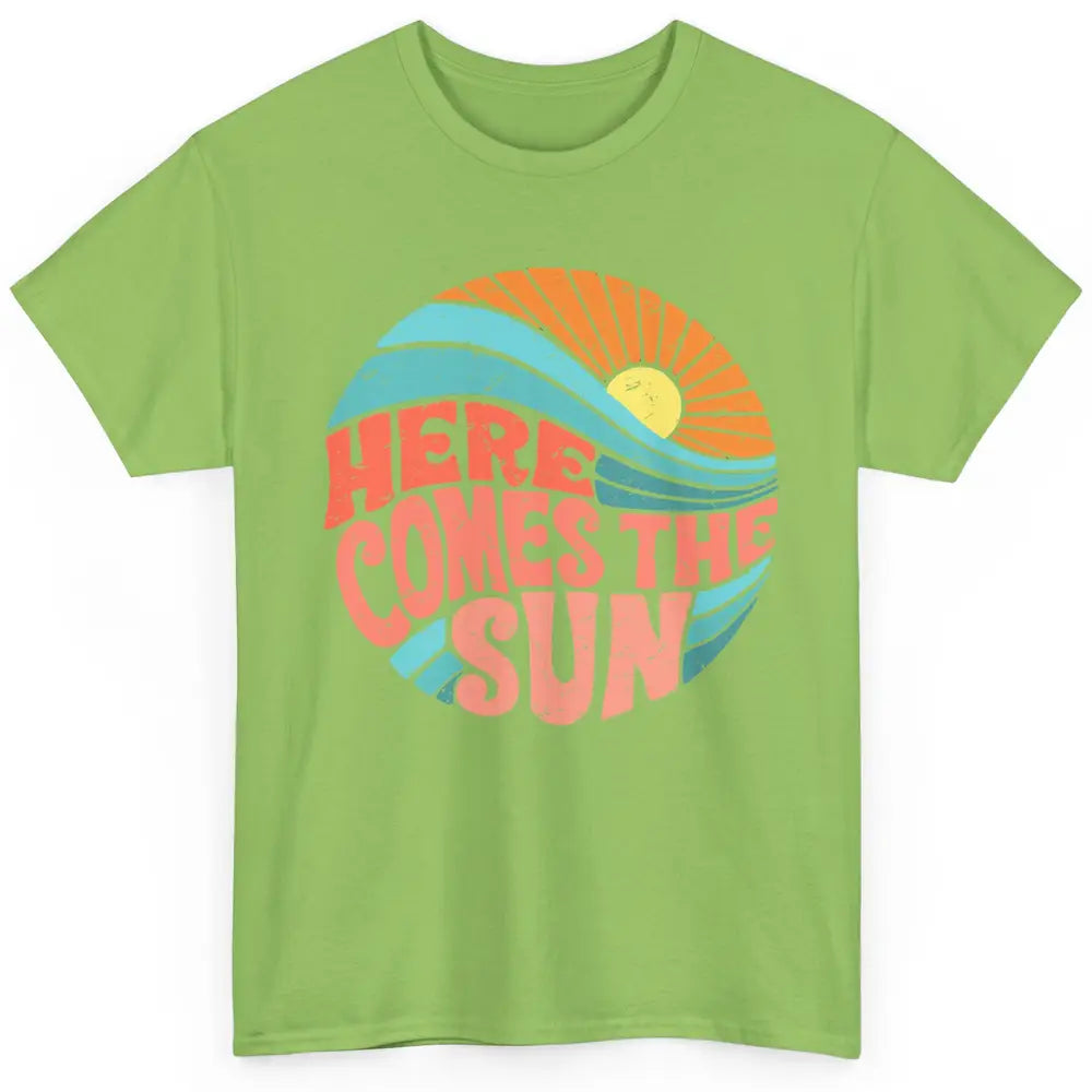 Retro Rainbow Sunrise Here Comes The Sun Hippie Girl Classic Unisex T-Shirt