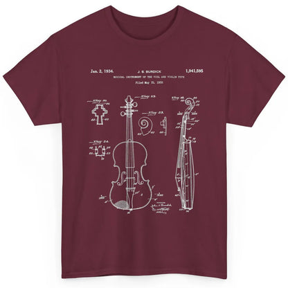Vintage Patent Drawing Print Violin Player Retro Violinist Classic Unisex T-Shirt
