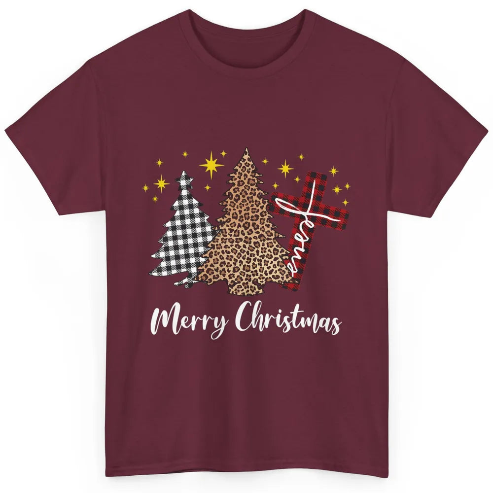 Merry Christmas Xmas Tree Cross Red Plaid Christian Leopard Classic Unisex T-Shirt