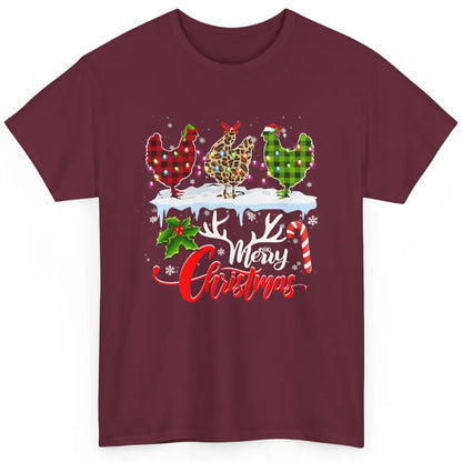 Merry Christmas Three Chickens Buffalo Leopard Red Plaid Hen Classic Unisex T-Shirt
