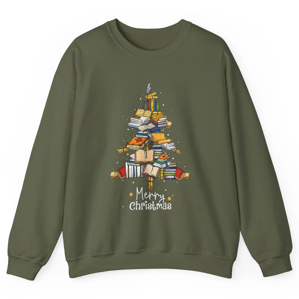 Merry Christmas Tree Reading Books Librarian Xmas Lighting Unisex Crewneck Sweatshirt