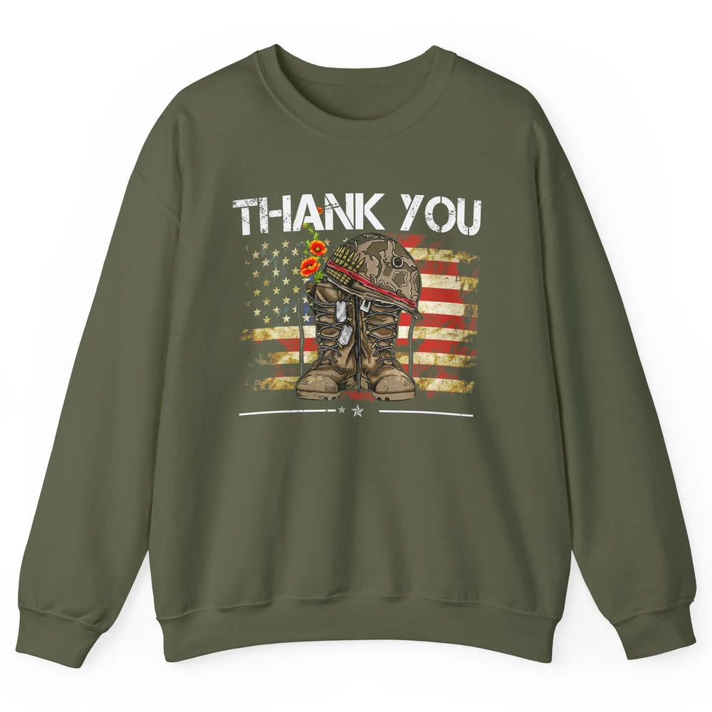 Vintage Veteran US Flag Thank You Military Boot Memorial Day Unisex Crewneck Sweatshirt