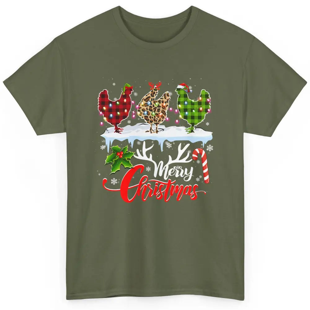 Merry Christmas Three Chickens Buffalo Leopard Red Plaid Hen Classic Unisex T-Shirt