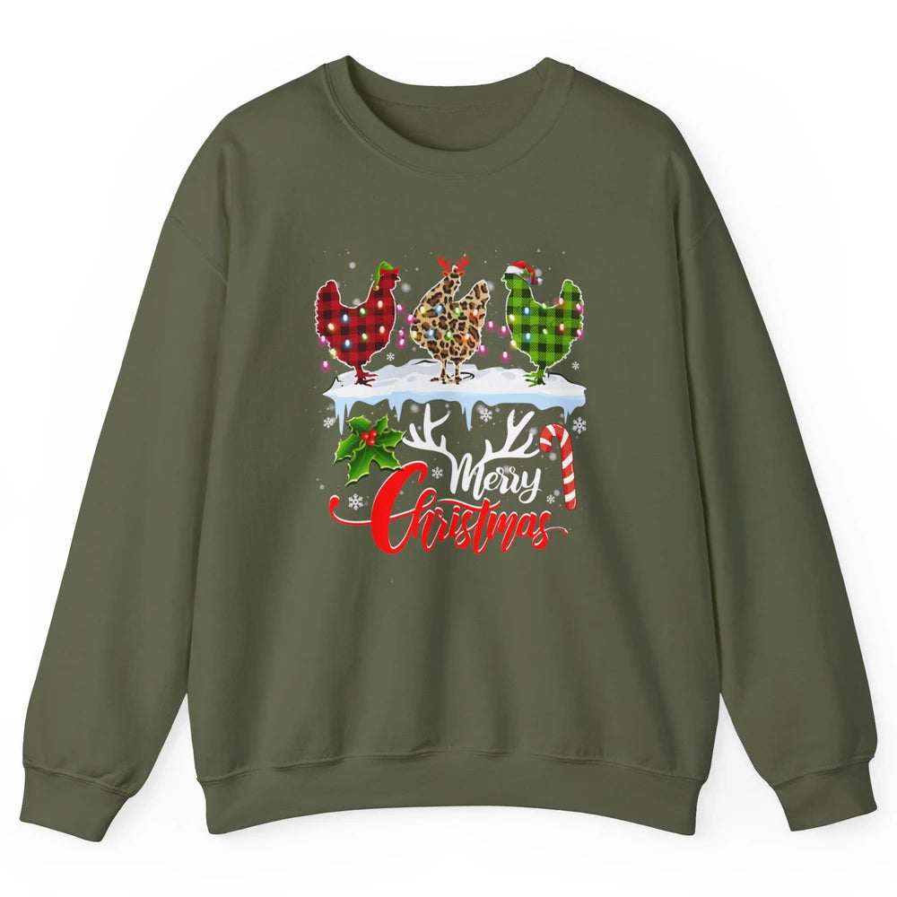Merry Christmas Three Chickens Buffalo Leopard Red Plaid Hen Unisex Crewneck Sweatshirt