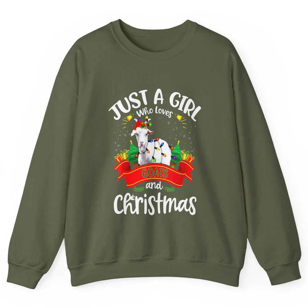 Merry Christmas Just Girl Loves Goat And Xmas Tree Lights Unisex Crewneck Sweatshirt