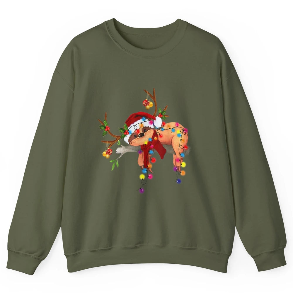 Merry Christmas Santa Claus Hat Sloth Reindeer Xmas Lights Unisex Crewneck Sweatshirt