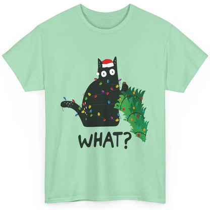 Black Cat Pushing Christmas Tree What Xmas Lights Santa Hat Classic Unisex T-Shirt