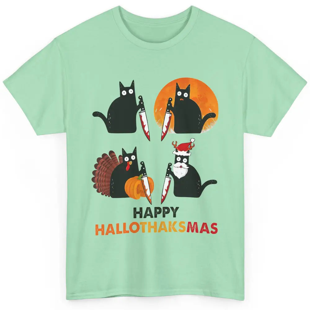 Funny Murderous Cat Turkey Hallo-thank-mas Thanksgiving Xmas Classic Unisex T-Shirt