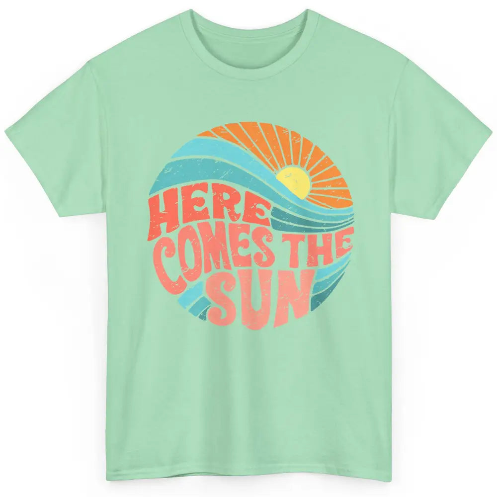 Retro Rainbow Sunrise Here Comes The Sun Hippie Girl Classic Unisex T-Shirt