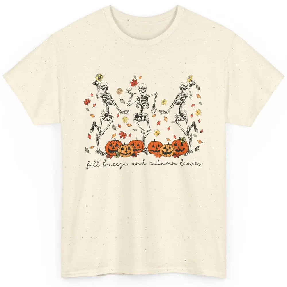 Retro Pumpkin Dancing Skeleton Fall Breeze And Autumn Leaves Classic Unisex T-Shirt