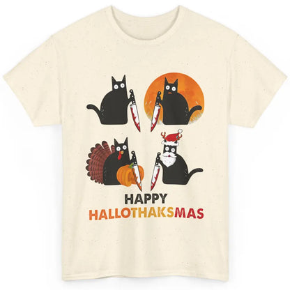 Funny Murderous Cat Turkey Hallo-thank-mas Thanksgiving Xmas Classic Unisex T-Shirt