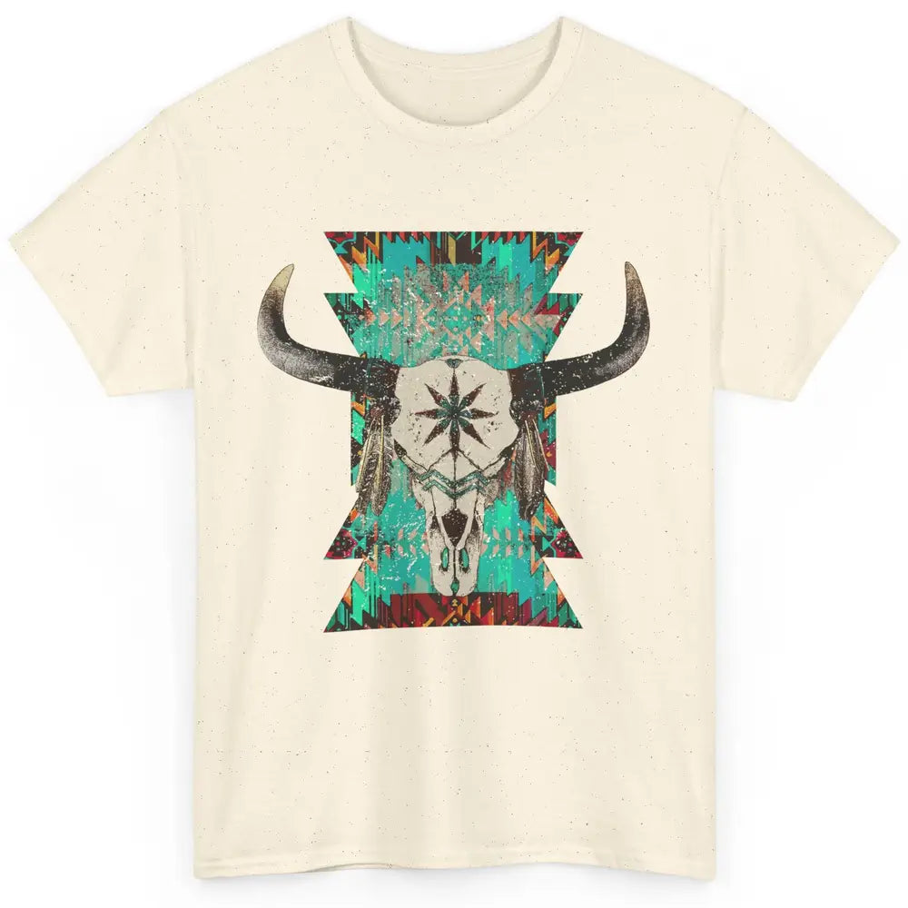 Boho Bull Skull Turquoise Aztec Western Country Rodeo Cowboy Classic Unisex T-Shirt