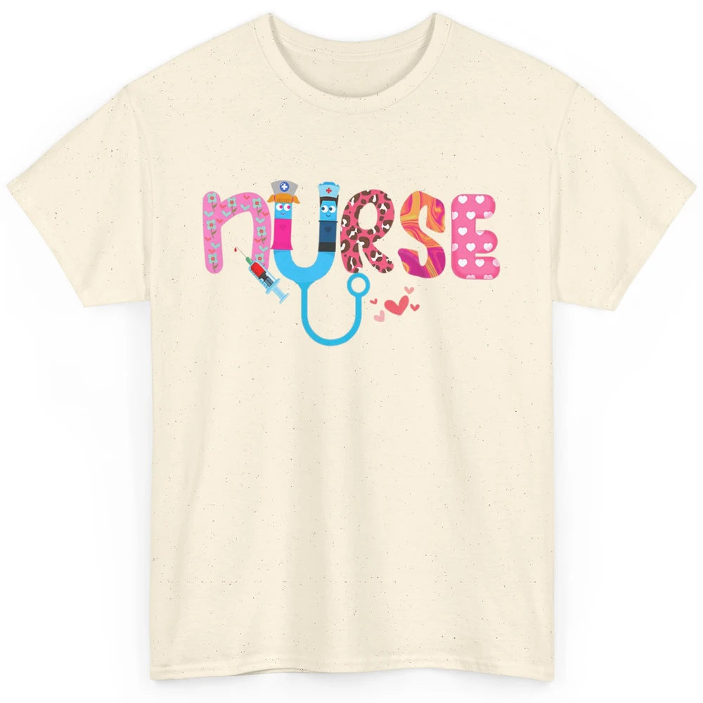 Nurse Happy Valentine's Day Love ER ICU NICU Emergency Nursing Leopard Stethoscope Love Needles Classic Unisex T-Shirt