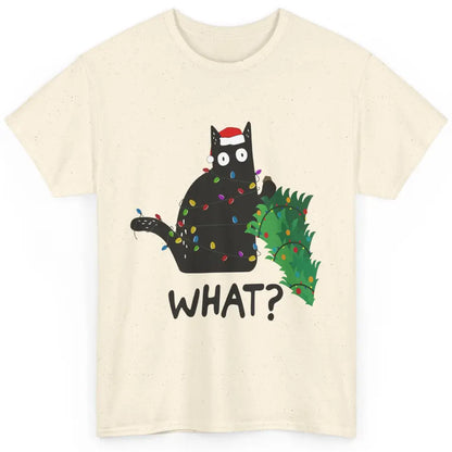 Black Cat Pushing Christmas Tree What Xmas Lights Santa Hat Classic Unisex T-Shirt