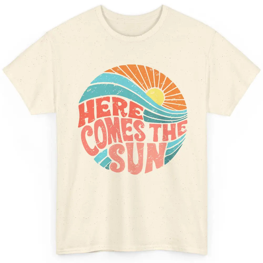 Retro Rainbow Sunrise Here Comes The Sun Hippie Girl Classic Unisex T-Shirt