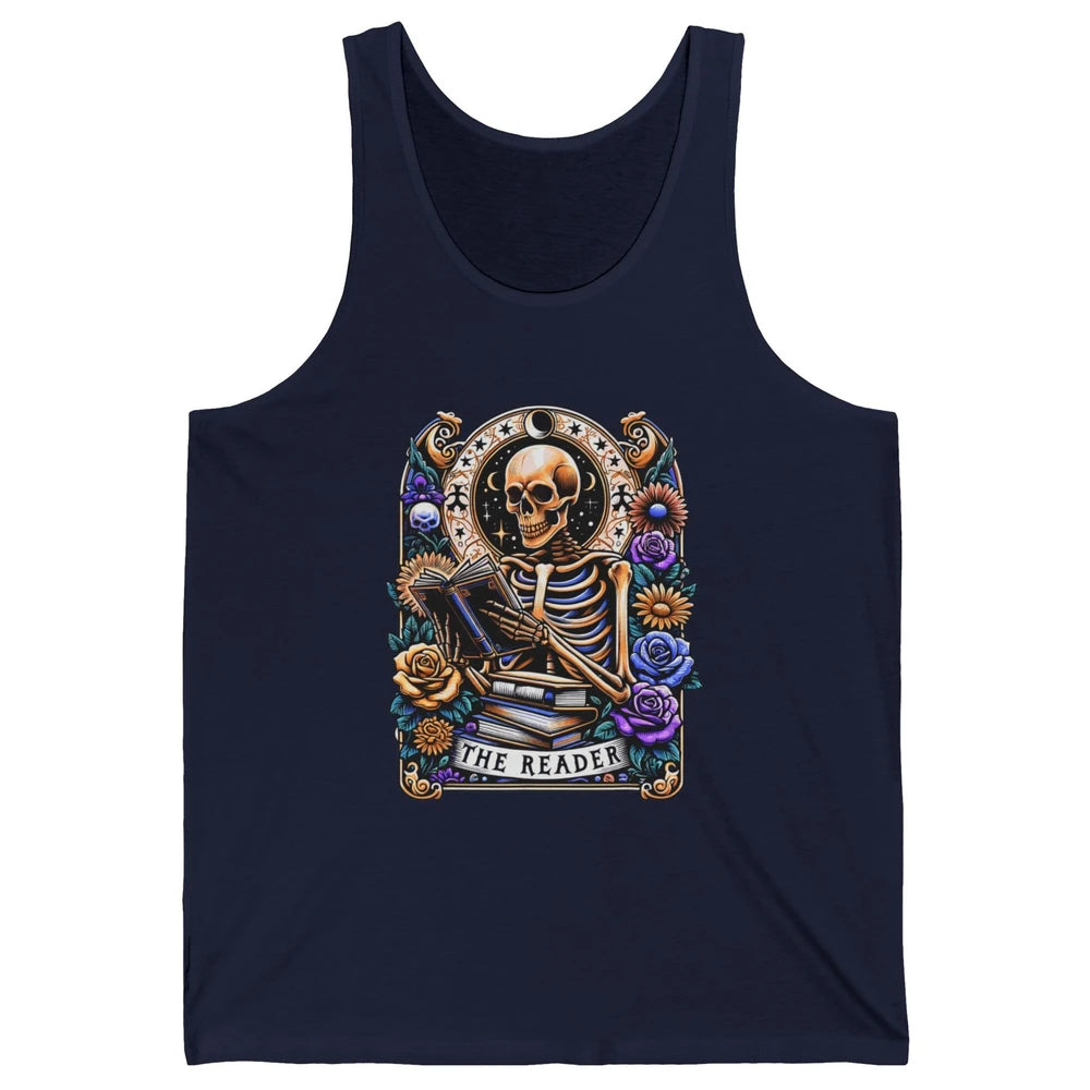 The Reader Tarot Card Halloween Reading Book Skeleton Floral Skull Bookish Bookworm Unisex Jersey Tank