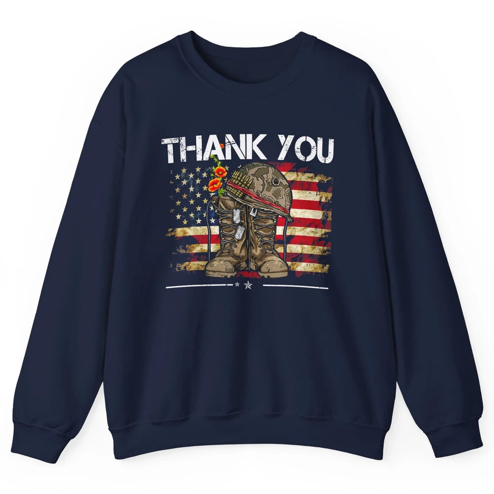 Vintage Veteran US Flag Thank You Military Boot Memorial Day Unisex Crewneck Sweatshirt