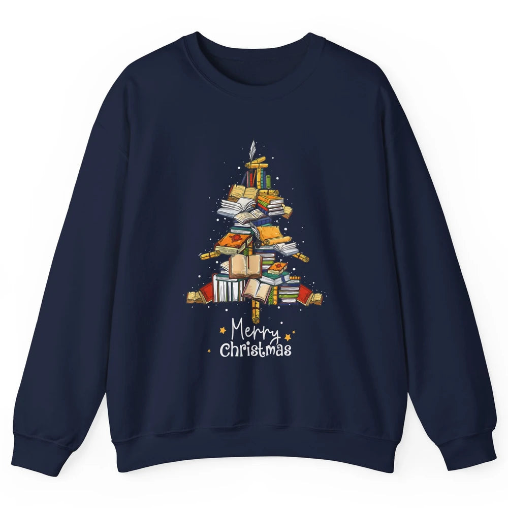 Merry Christmas Tree Reading Books Librarian Xmas Lighting Unisex Crewneck Sweatshirt