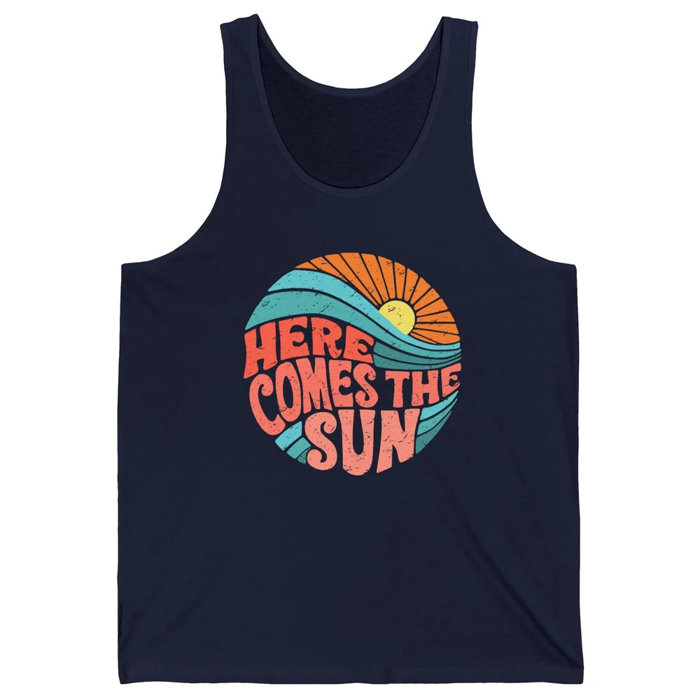 Retro Rainbow Sunrise Here Comes The Sun Hippie Girl Unisex Jersey Tank