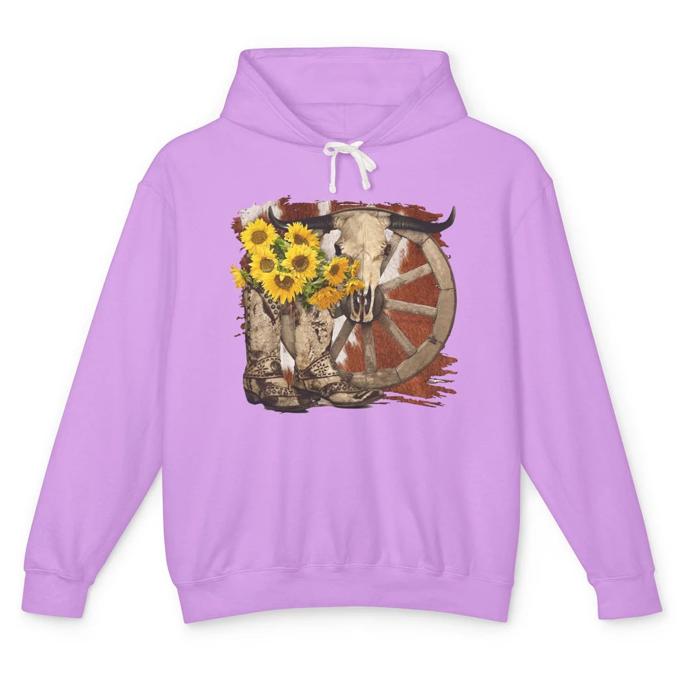 Retro Sunflower Cowgirl Boots Cow Skull Western Country Girl Unisex Lightweight Hoodie