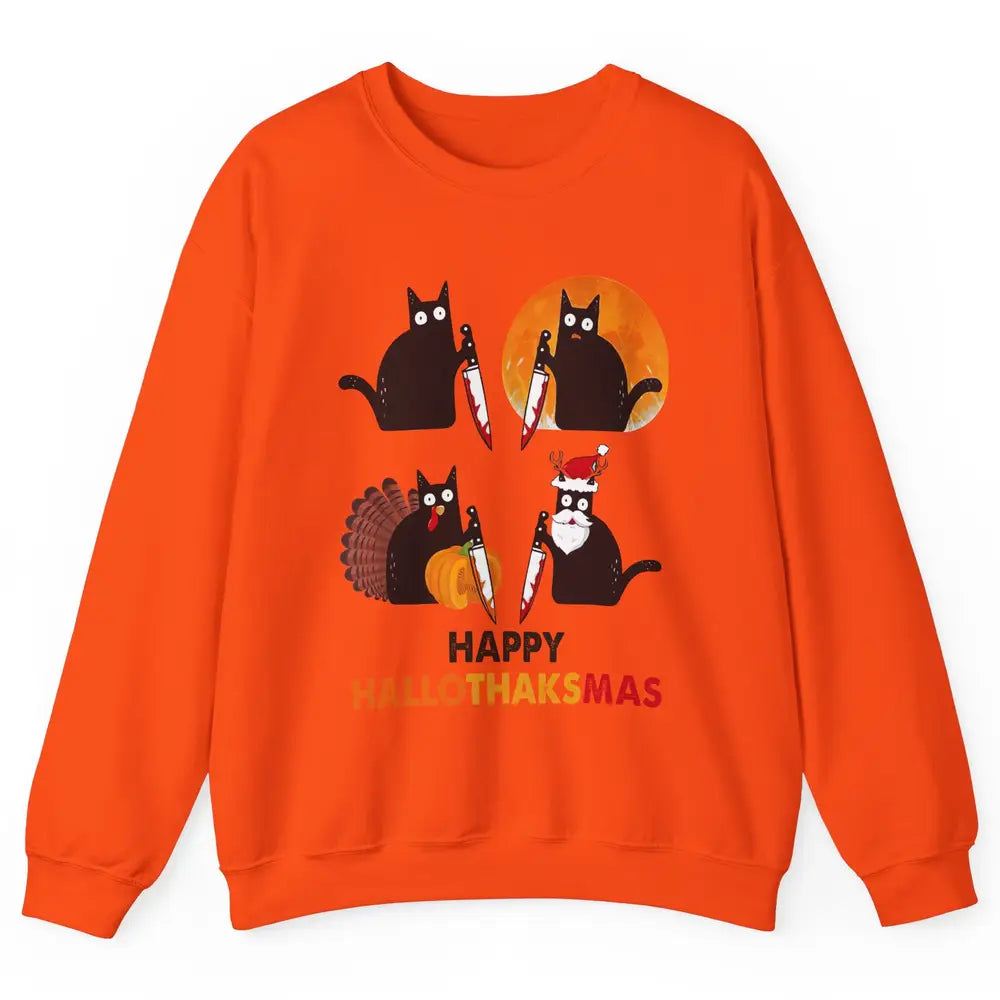 Funny Murderous Cat Turkey Hallo-thank-mas Thanksgiving Xmas Unisex Crewneck Sweatshirt