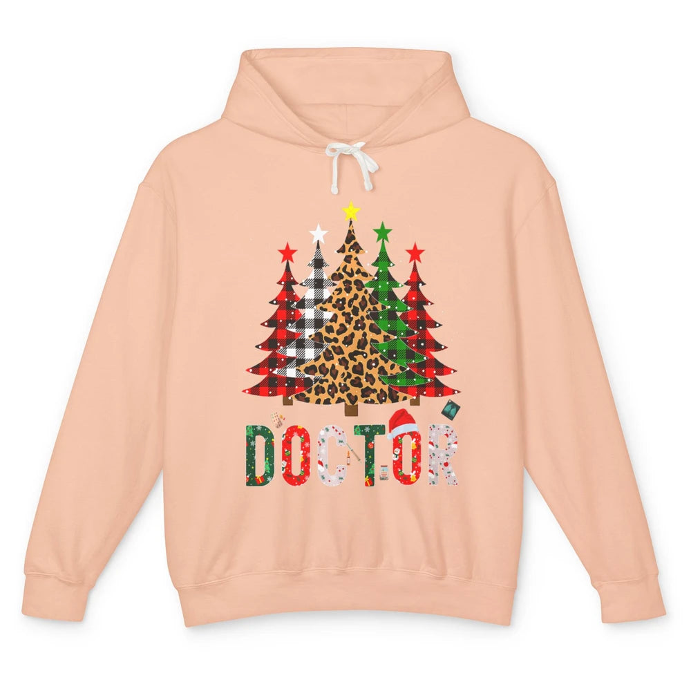 Merry Christmas Doctor Leopard Buffalo Plaid Xmas Pine Tree Unisex Lightweight Hoodie