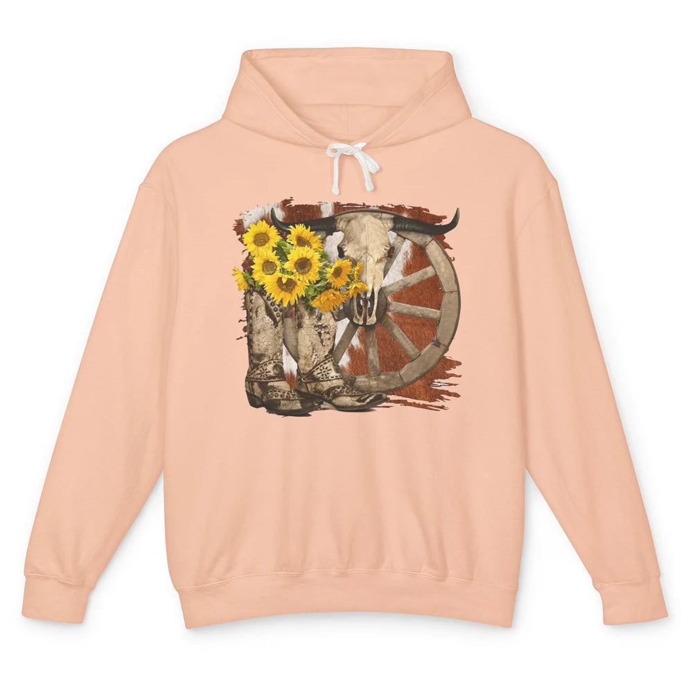 Retro Sunflower Cowgirl Boots Cow Skull Western Country Girl Unisex Lightweight Hoodie