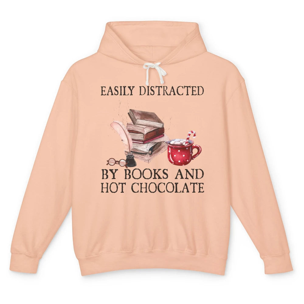 Retro Easily Distracted By Books And Hot Chocolate Christmas Unisex Lightweight Hoodie