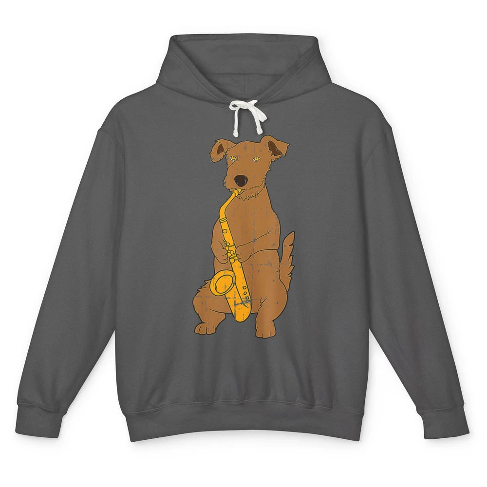 Funny Dog Vintage Jazz Puppy Musician Musical Note Saxophone Unisex Lightweight Hoodie