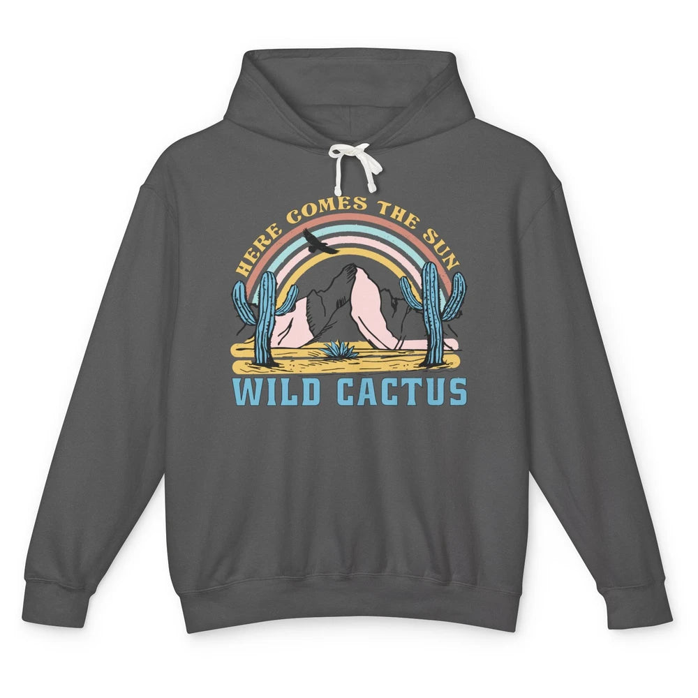Retro Rainbow Here Come The Sun Wild cactus Desert Western Unisex Lightweight Hoodie