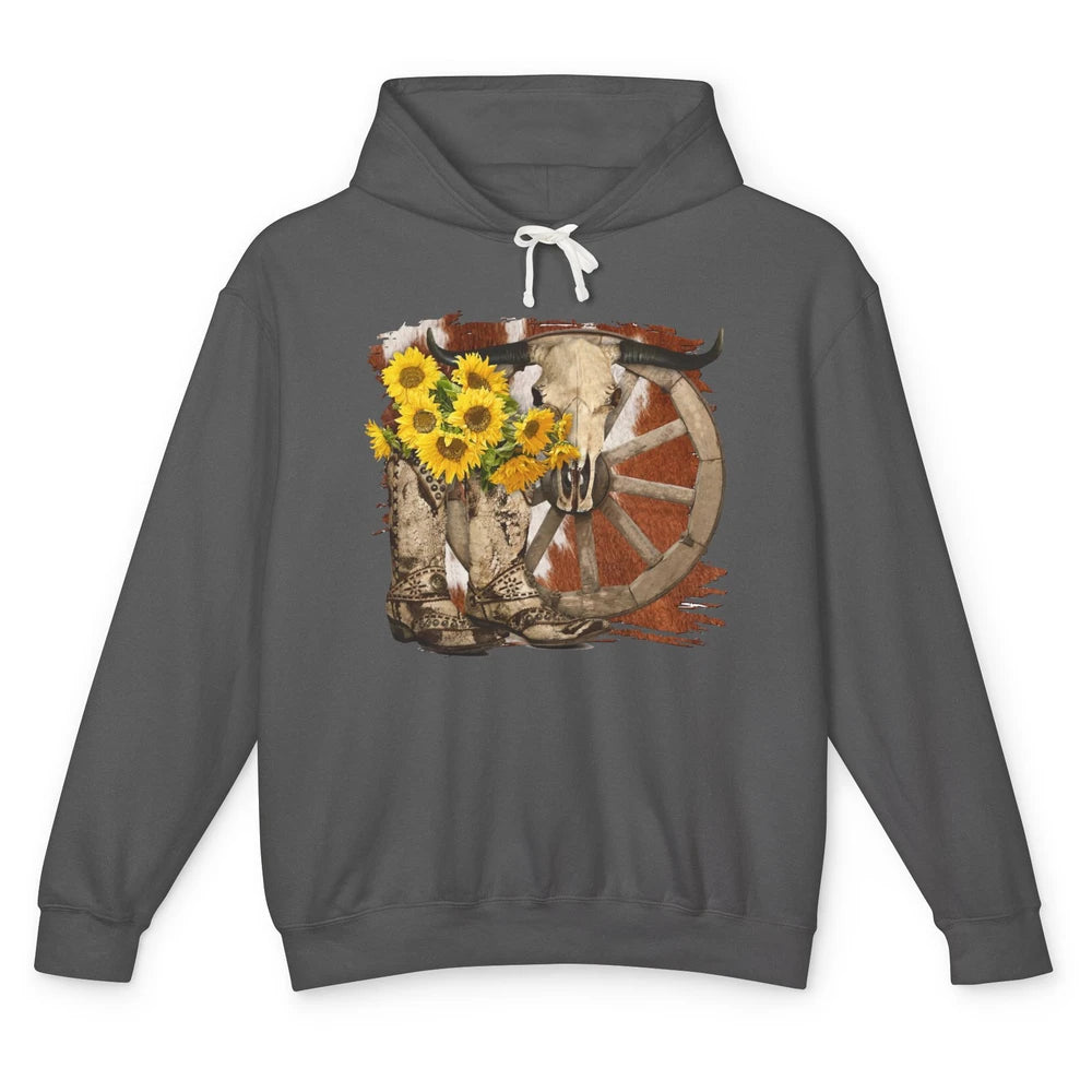 Retro Sunflower Cowgirl Boots Cow Skull Western Country Girl Unisex Lightweight Hoodie