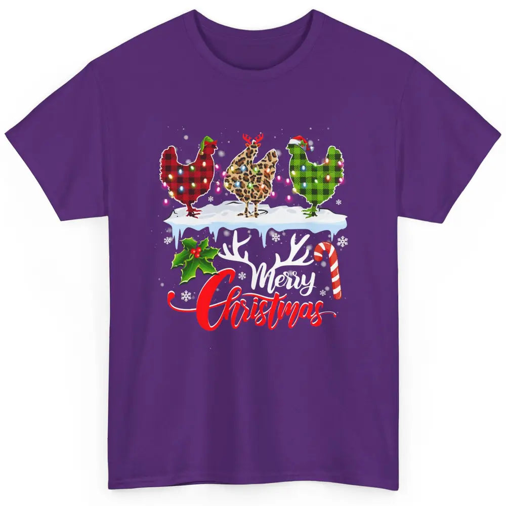 Merry Christmas Three Chickens Buffalo Leopard Red Plaid Hen Classic Unisex T-Shirt