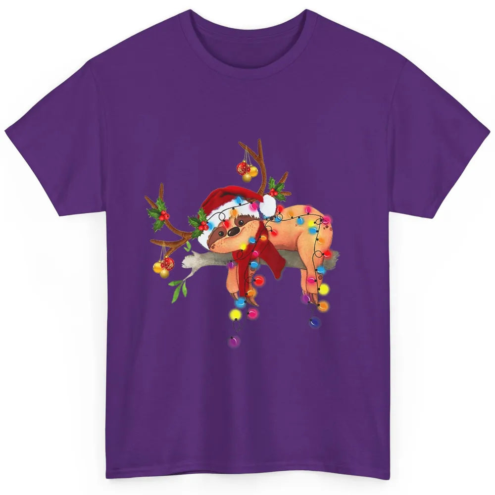 Merry Christmas Santa Claus Hat Sloth Reindeer Xmas Lights Classic Unisex T-Shirt