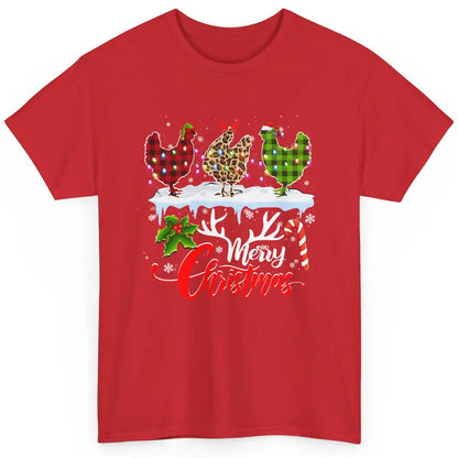 Merry Christmas Three Chickens Buffalo Leopard Red Plaid Hen Classic Unisex T-Shirt