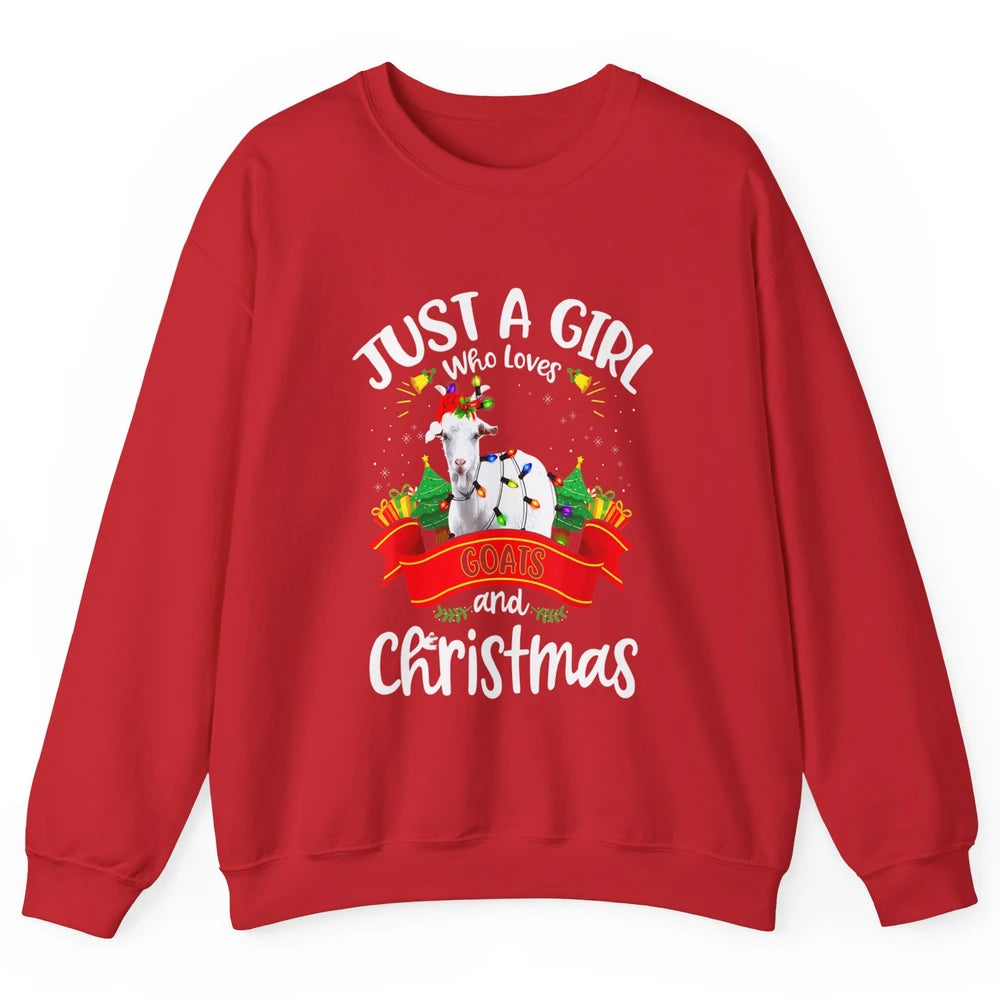 Merry Christmas Just Girl Loves Goat And Xmas Tree Lights Unisex Crewneck Sweatshirt