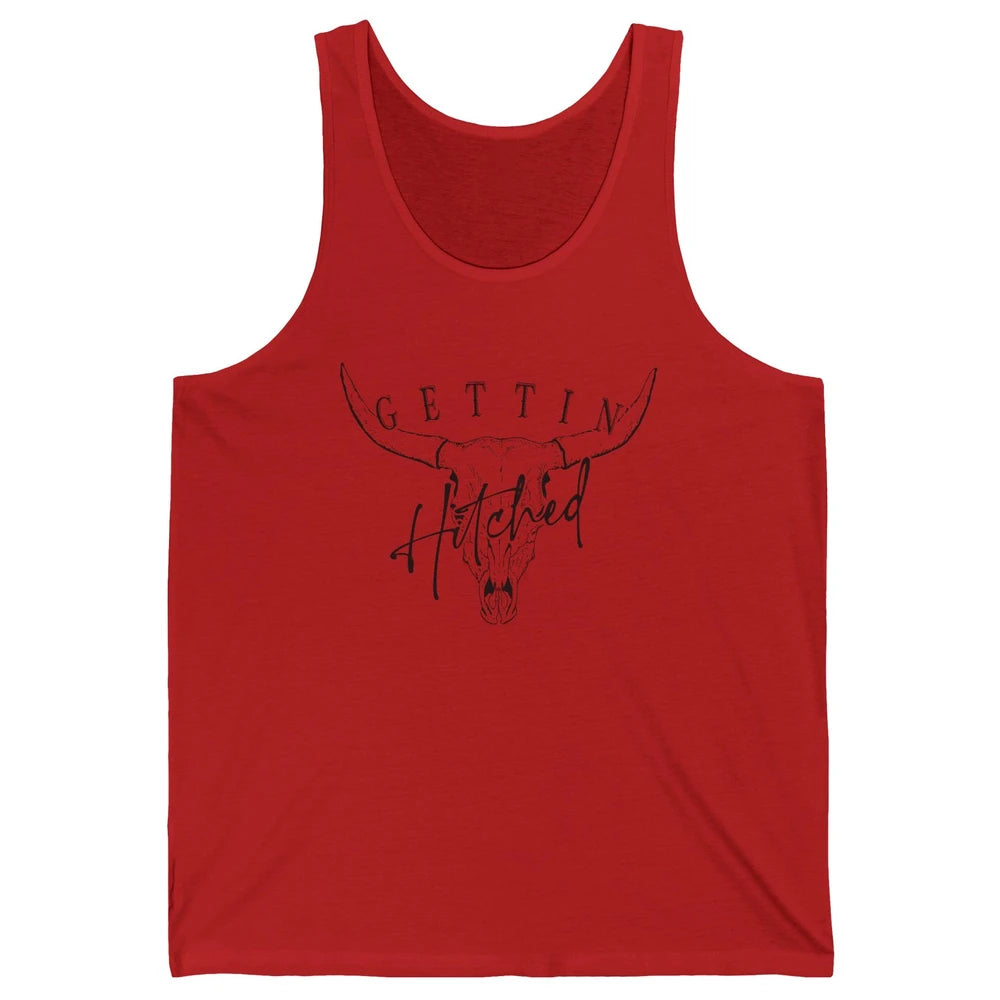 Getting Hitched Rowdy Cow Skull Western Bachelorette Bride Unisex Jersey Tank