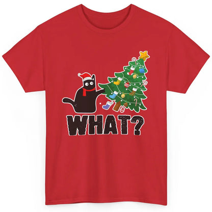 Black Cat Pushing Christmas Tree What Xmas Lights Santa Hat Classic Unisex T-Shirt