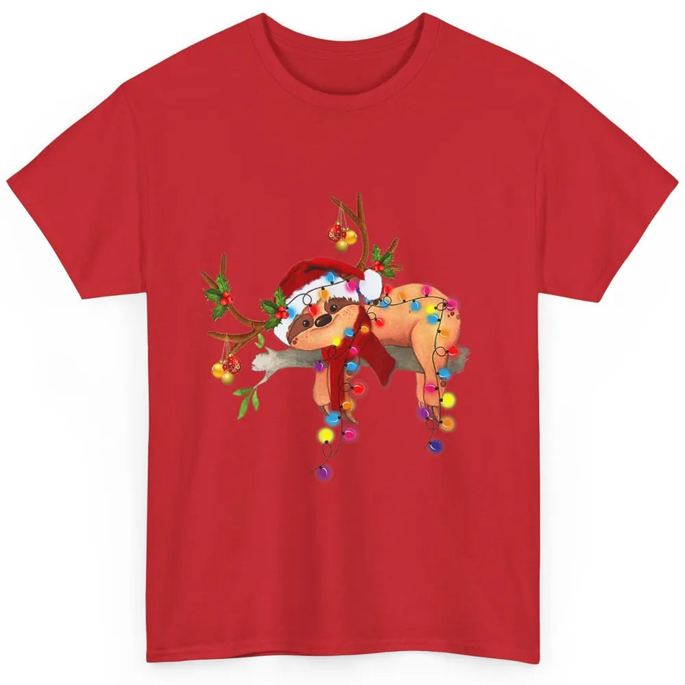 Merry Christmas Santa Claus Hat Sloth Reindeer Xmas Lights Classic Unisex T-Shirt
