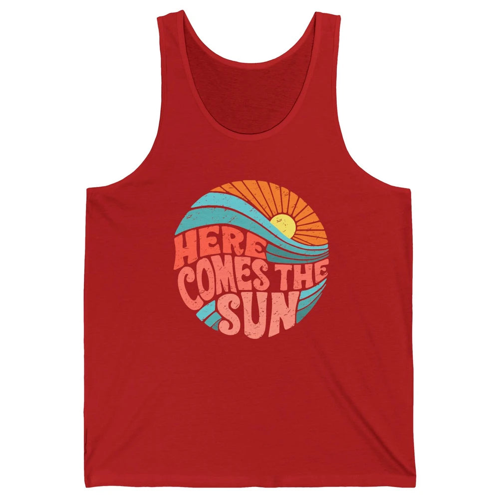 Retro Rainbow Sunrise Here Comes The Sun Hippie Girl Unisex Jersey Tank